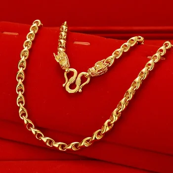 24k real gold Loong zodiac men&#x27;s necklace year domineering double dragon head melon seed Yuan treasure chain jewelry