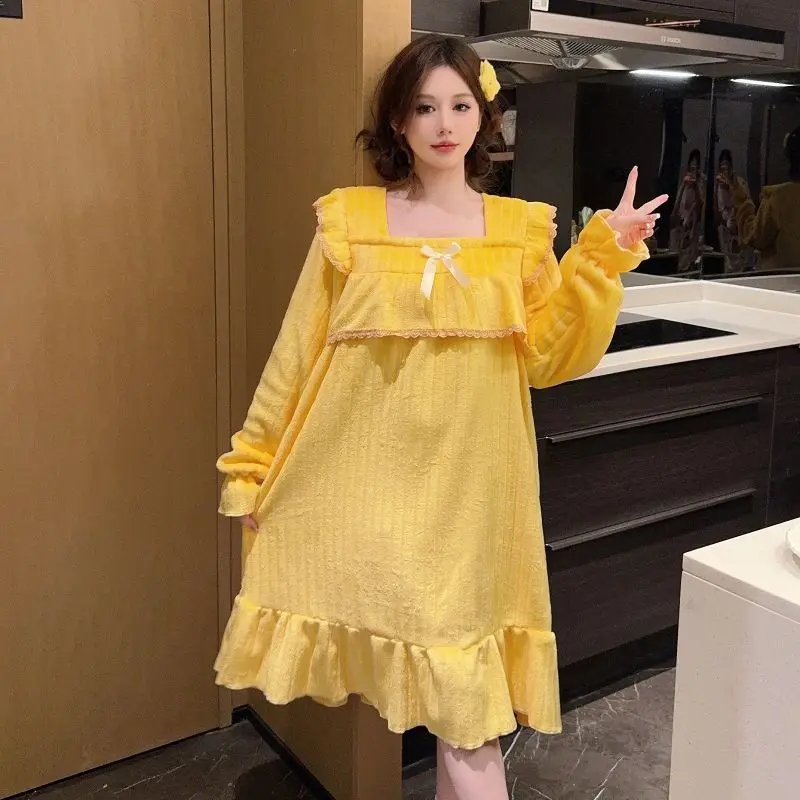 

2025 Winter Long Sleeve Thick Warm Flannel Nightgowns for Women Korean Cute Coral Velvet Sleepwear Night Dress Nightdress Nighty