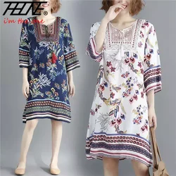 Indian Dress Women Clothing Korean Style Embroidery Cotton Linen Print Floral Flower Vintage Casual Midi Length Robe Vestidos