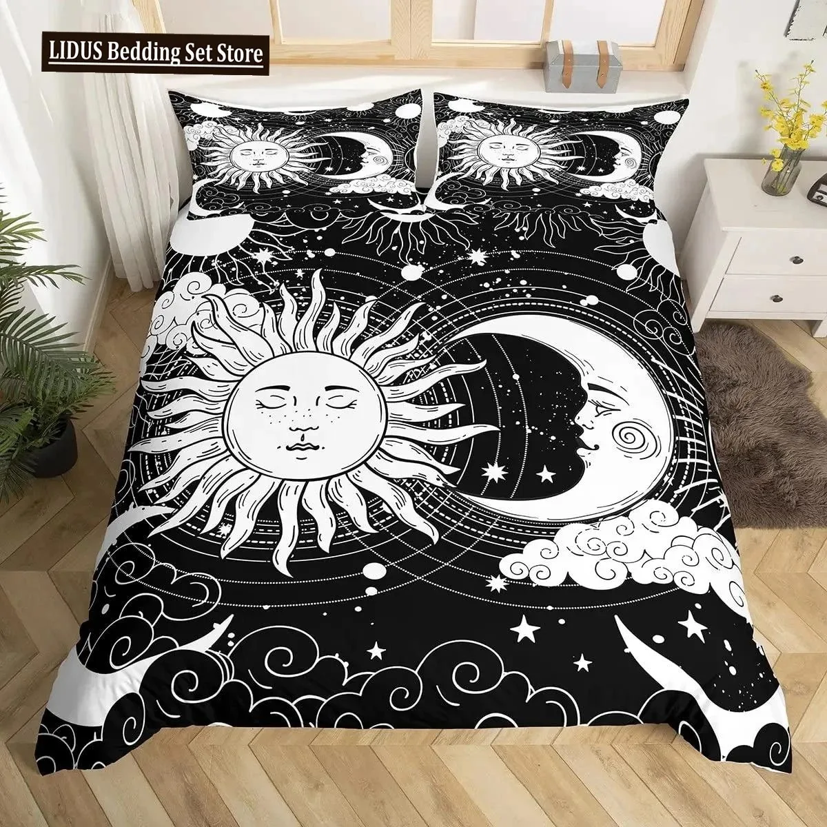 Ensemble de housse de couette Mandala Sun and Moon, ensemble de literie en polyester floral botanique, cravates de style similaire, noir et blanc