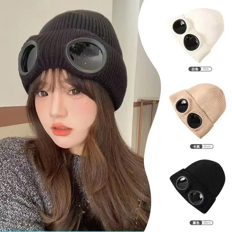 Unisex Winter Knit Beanie Hat Integrated Pilot Goggles Fold Cuff Warm Skull Cap for Skiing Cycling Outdoor Street Daily Wear