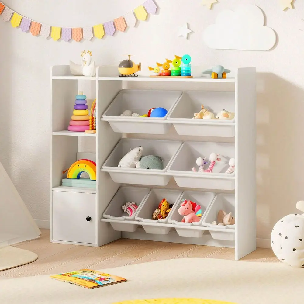 

Kids' Storage And Shelving Toy StorageToy Storage And Bookshelf, Wooden Bookcase With 4 Small Boxes 4 Large Boxes Gray White