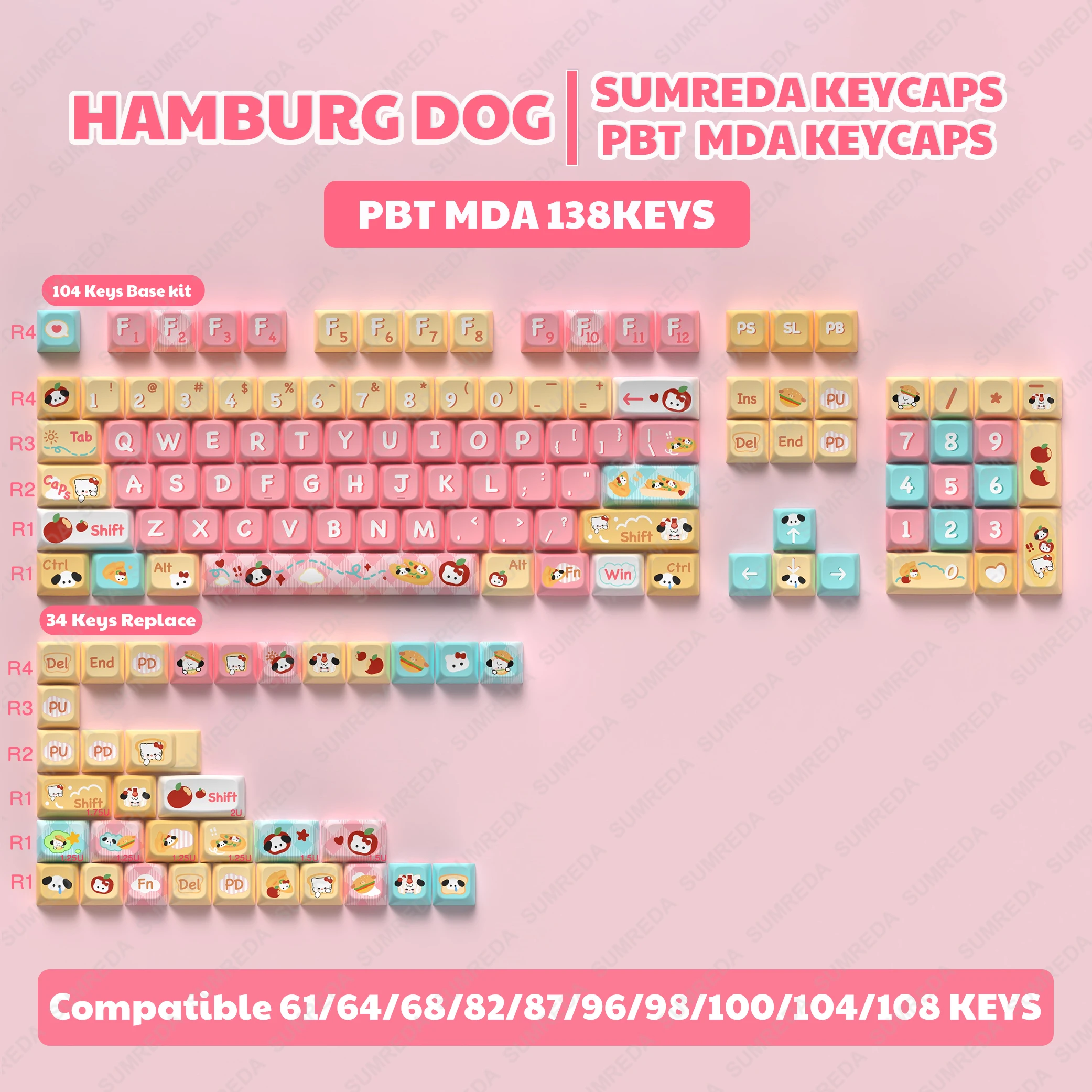 Hamburg Dog Theme For WOB RAINY75 Keycaps PBT MDA/Cherry Profile Cartoon Keycaps For LEOBOG Hi75 Hi8 Alice Sugar65 Keyboard