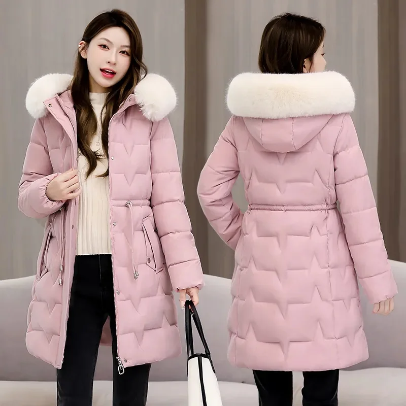 Chaqueta acolchada de algodón para mujer, abrigo largo de alta gama con cuello de piel grande, moda coreana, invierno, novedad de 2024