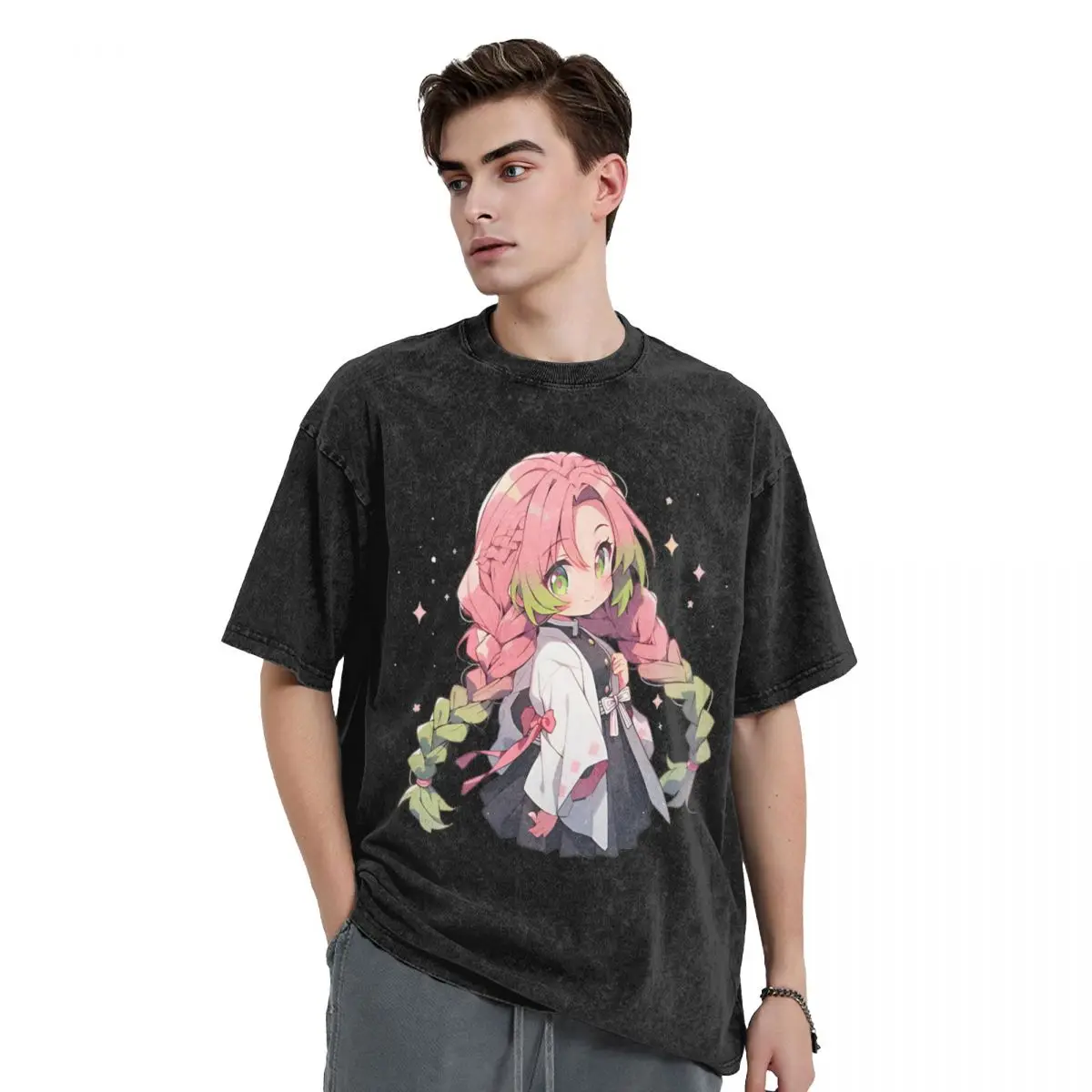 Chibi Mitsuri Demon Slayers Washed T Shirt Streetwear Hip Hop T-Shirt Nezuko Tees for Men Women Short Sleeve Street Graphic