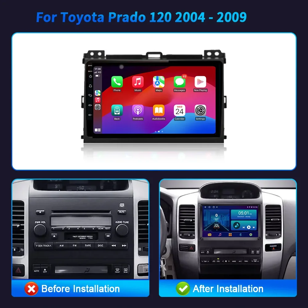 For Toyota Prado 120 2004-2009 Android 14 Car Radio Multimedia Navigation Wireless Carplay Stereo Head Unit 2DIN Screen WIFI