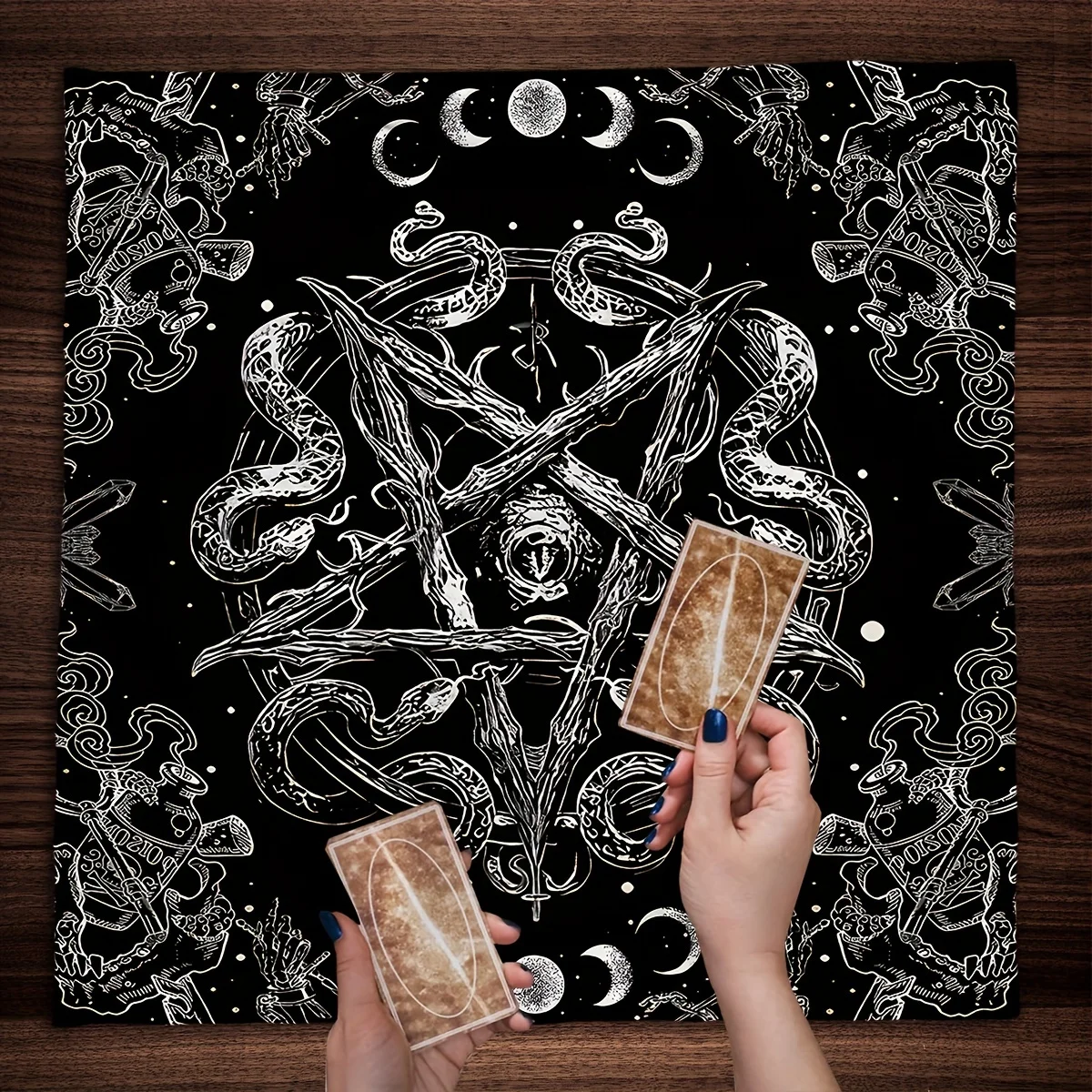 1pc Black Altar Cloth with Pentagram & Moon‑phases, Astrological & Geometric Symbols, Tarot Tablecloth for Witchcraft