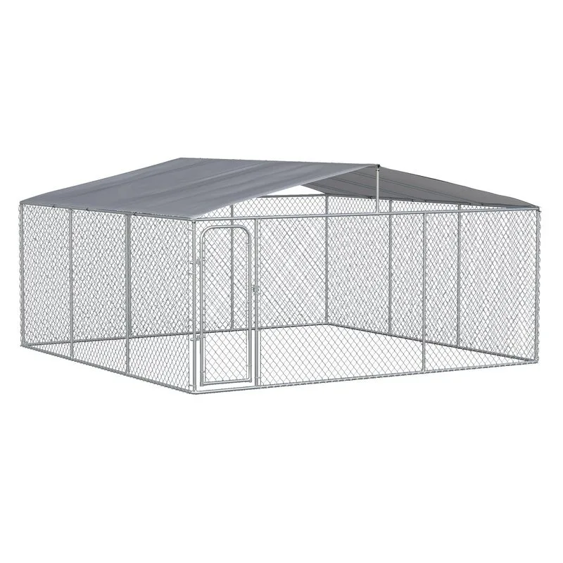 

9.8 Ft. Ground Outdoor Metal Dog Cage Kennel with Water-Resistant Cover Animal Pattern for Backyard