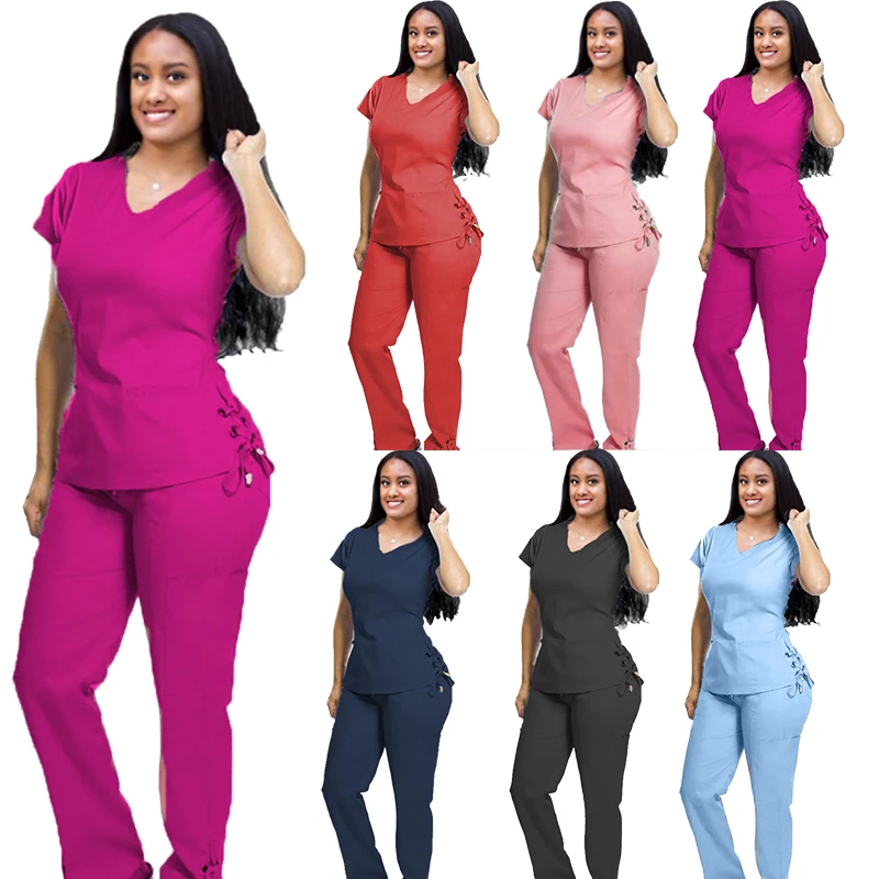 

Surgical Pink Navy Blue Red Black Spa Salon Dental Aesthetic Scrubs Medical Beauty Nurse Women Work Uniform Set