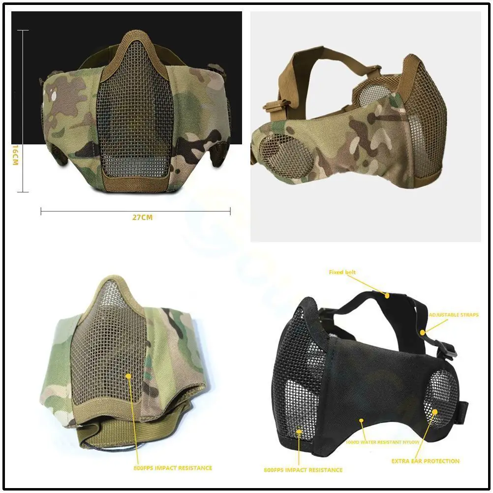 Maschera militare tattica softair Half Face Strike maschera protettiva con teschio in rete metallica e protezione per le orecchie accessori per la