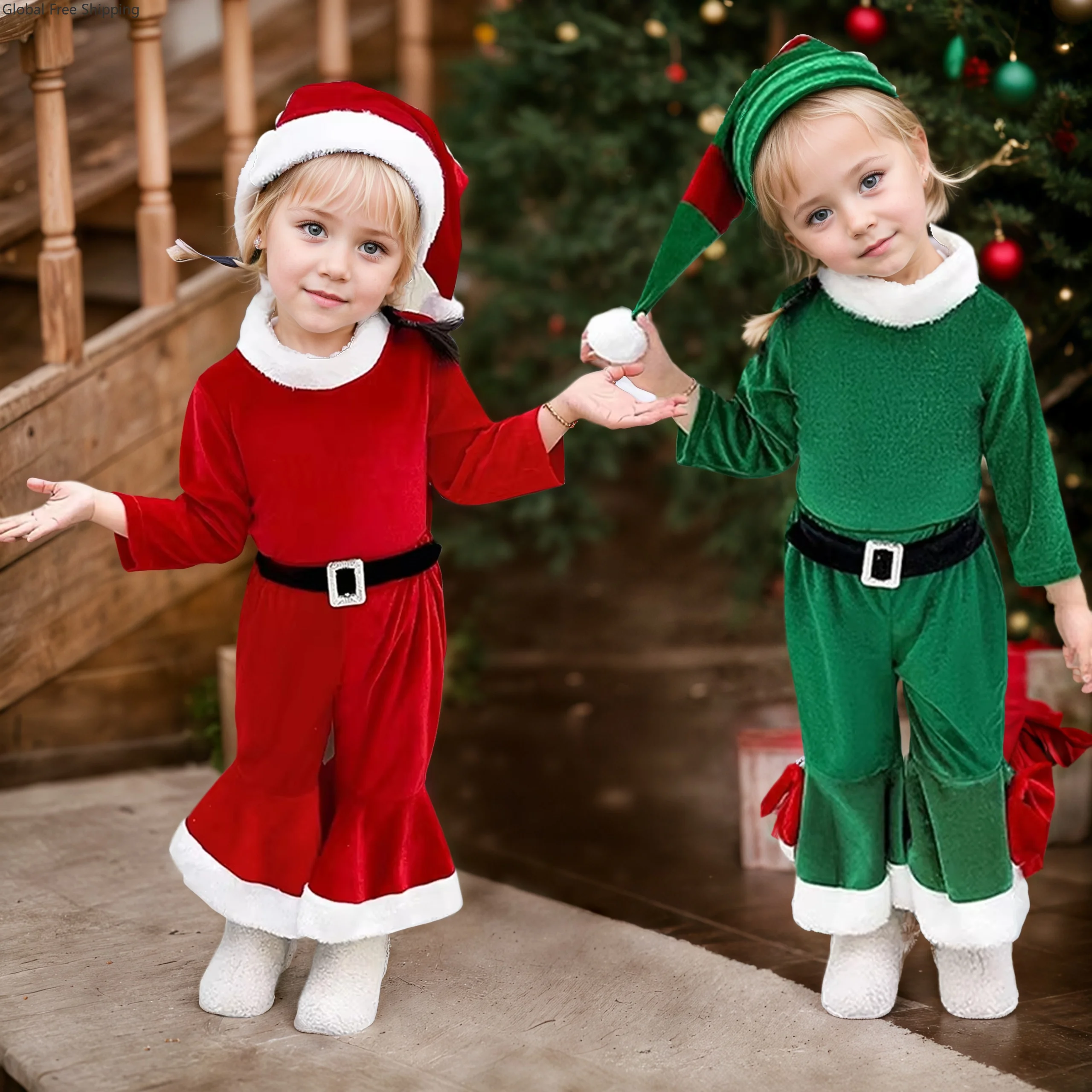 

Christmas Costume Set Cute Kawaii Girl Cosplay Christmas Bell-bottom Pants Red Green New Year Dress Up Birthday Party Gift Set