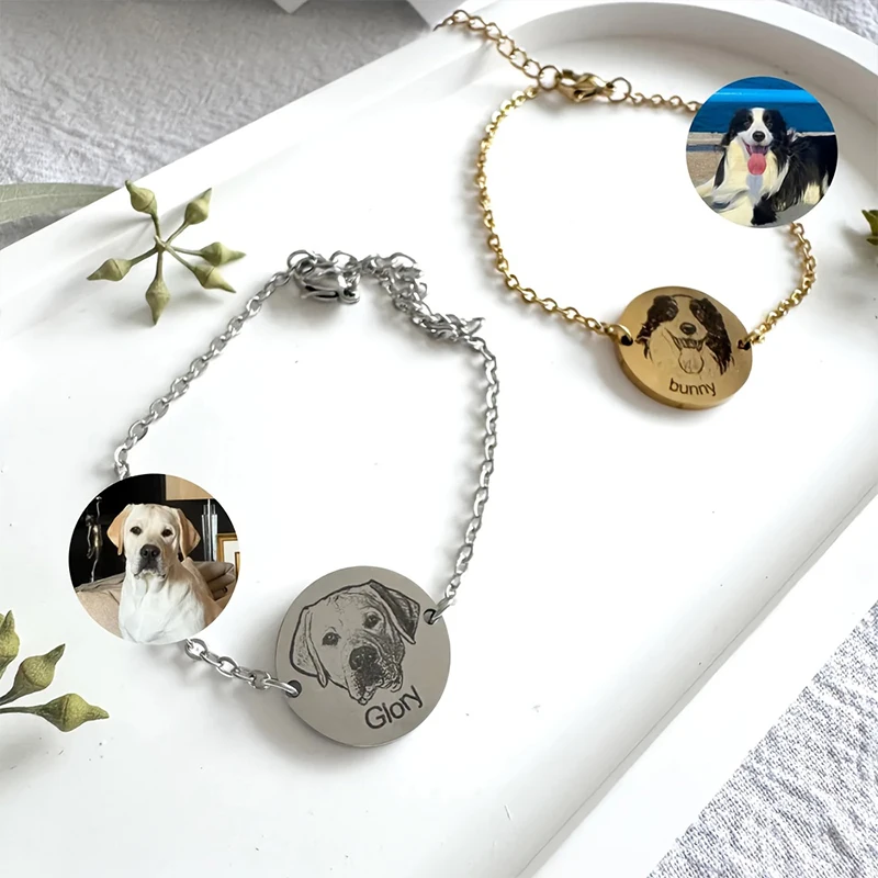 

Custom Pet Photo Bracelet Personalized Customized Portrait Pet Name Bracelet Stainless Steel Pendant Bracelet Girlfriend Gift