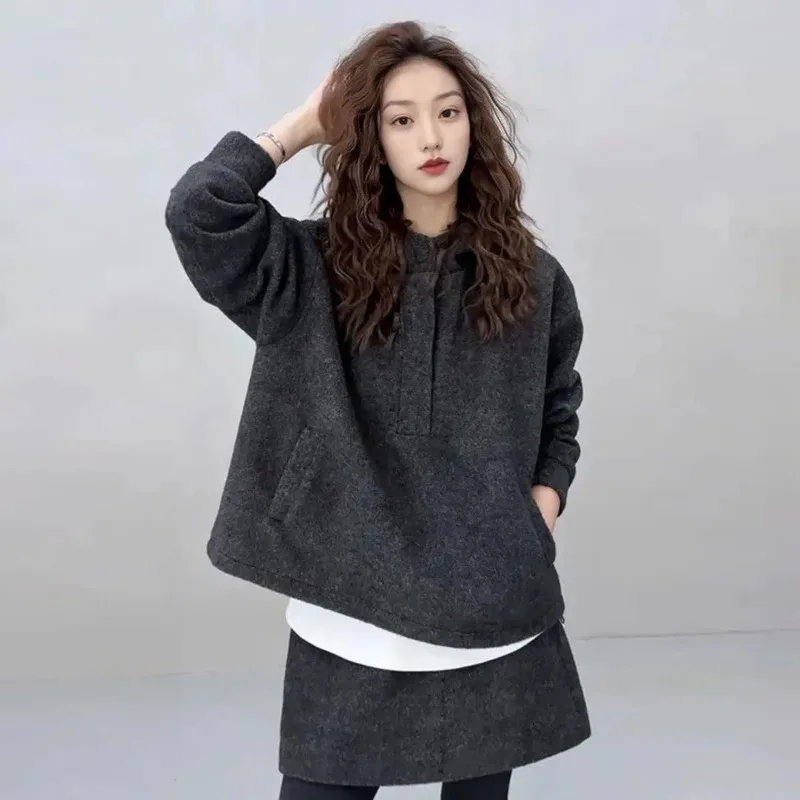 Women Korean Style Winter Wool Blend Two Piece Set Oversized Hoodie Sweatshirt Casual Mini Skirt Fashion Petite Outfit view 3