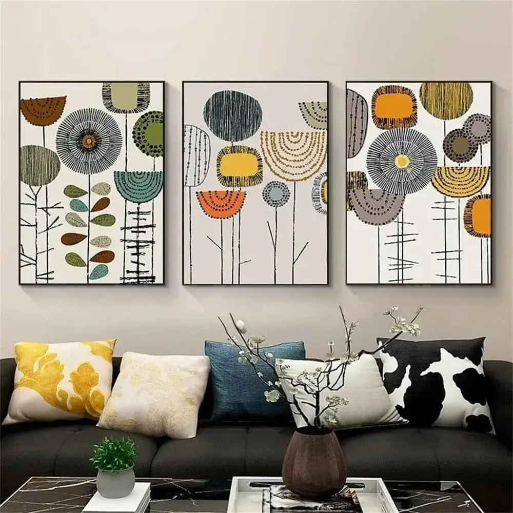 (No frame)Abstract Floral Canvas Wall Art Minimalist Home Decor Modern Geometric Dandelion Print Neutral Color Poster Plant W