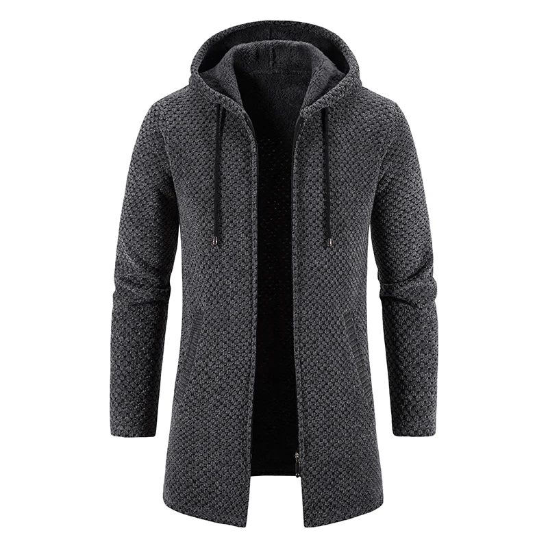 Men\'s Winter Trench Coat Long Knit Sweater Jacket Fleece Warm Hoodies Beige Business Casual Cardigan Zipper Jumper Overcoat
