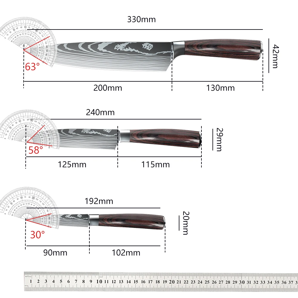 3pcs Kitchen Knife Santoku Meat Cleaver Knife Fruit Cutting Chef Knives Woodle Handle Stainless Steel Knife Kitchen Accessories