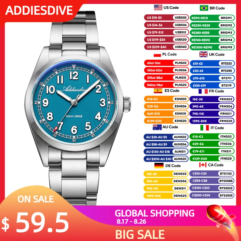 ADDIESDIVE 36mm Luxus Quarz Armbanduhr Top Marke Saphirglas Leuchtende 100m Wasserdichte Uhr Edelstahl Neue Männer Uhren