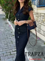 TRAFZA Vintage Chic Denim Pleated Women Dress Solid Sleeveless V Neck Button Straight Vestidos Fashion 2024 Summer Elegant Dress