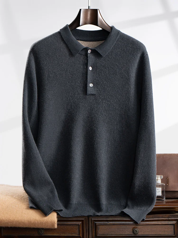 Men 100% Cashmere Polo Sweater Autumn Winter Basic Smart Casual Long Sleeve Pullover Cashmere Knitwear Soft Comfy Clothing Tops