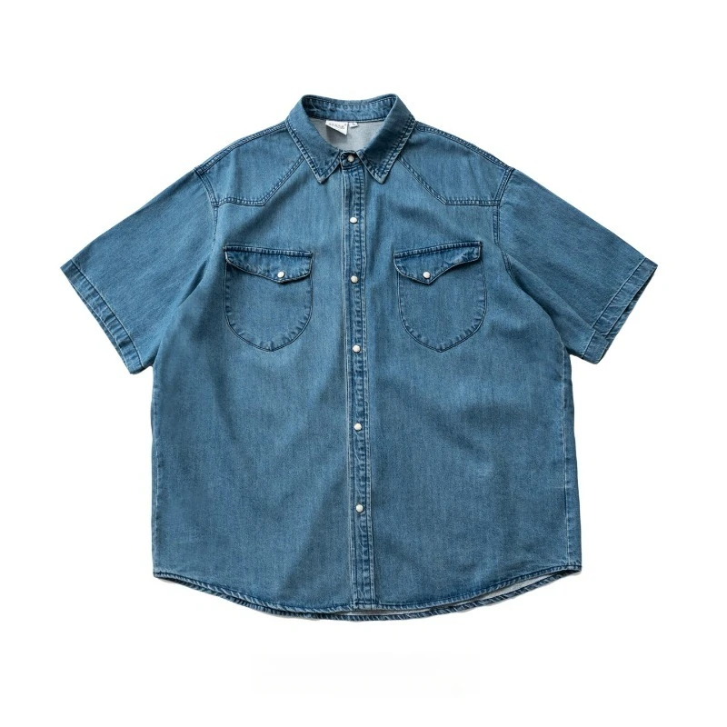 High Street Japanese Workwear Style Washed Denim Shirt Men's Lapel Collar Multi Pocket Loose Fit Versatile Shirt