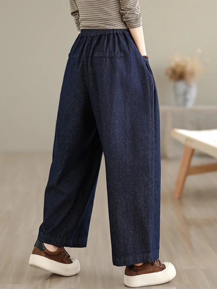Retro Sle plus Größe Distred Denim Breite Bein Hosen frauen Herbst Elastische Taille Abnehmen Casual Neun Punkt Hosen