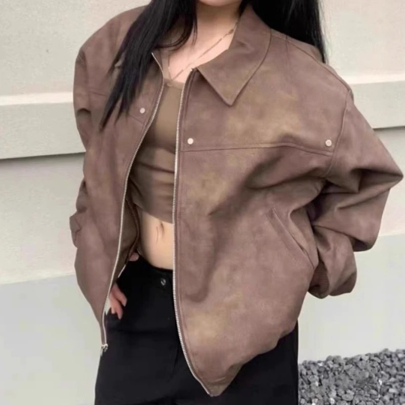 

American Retro Leather Coat 2025 Spring and Autumn High Street Lapel Zipper Women's Jacket Coat
