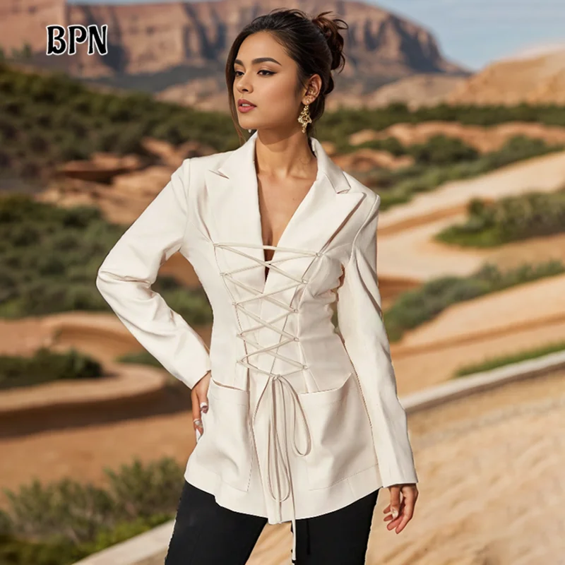 BPN Solid Minimalist Casual Blazers For Women Notched Collar Long Sleeve Spliced Drawstring Slimming Blazer Female Fashion New