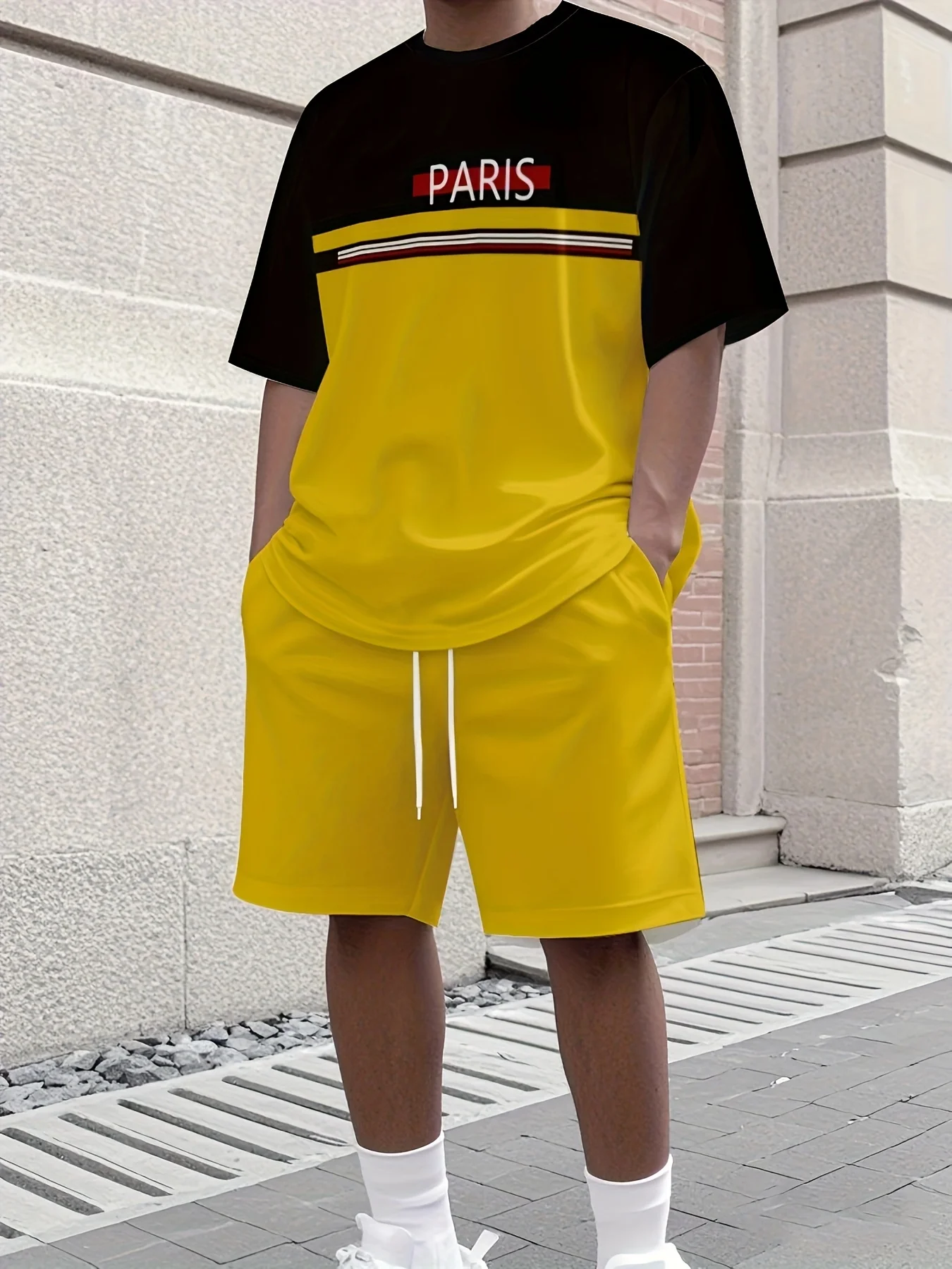 Summer Oversized T-Shirt and Shorts Set Letter Patchwork Color Print Casual Beachwear Mens Streetwear Sports Style Two-Piece Set