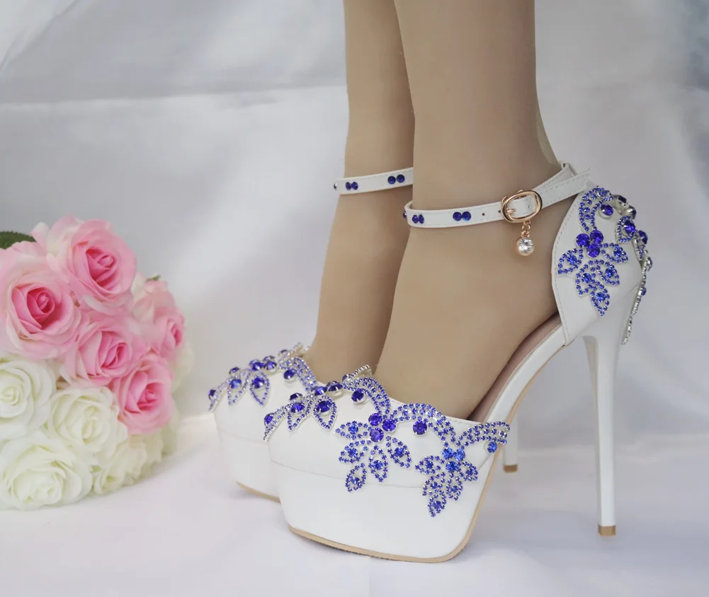 

New Fetish Women Sandals Buckle Strap Pumps Wedding Rhinestone Platform PU 14CM Thin Heels Sweet Pole Dancing Woman Shoes White