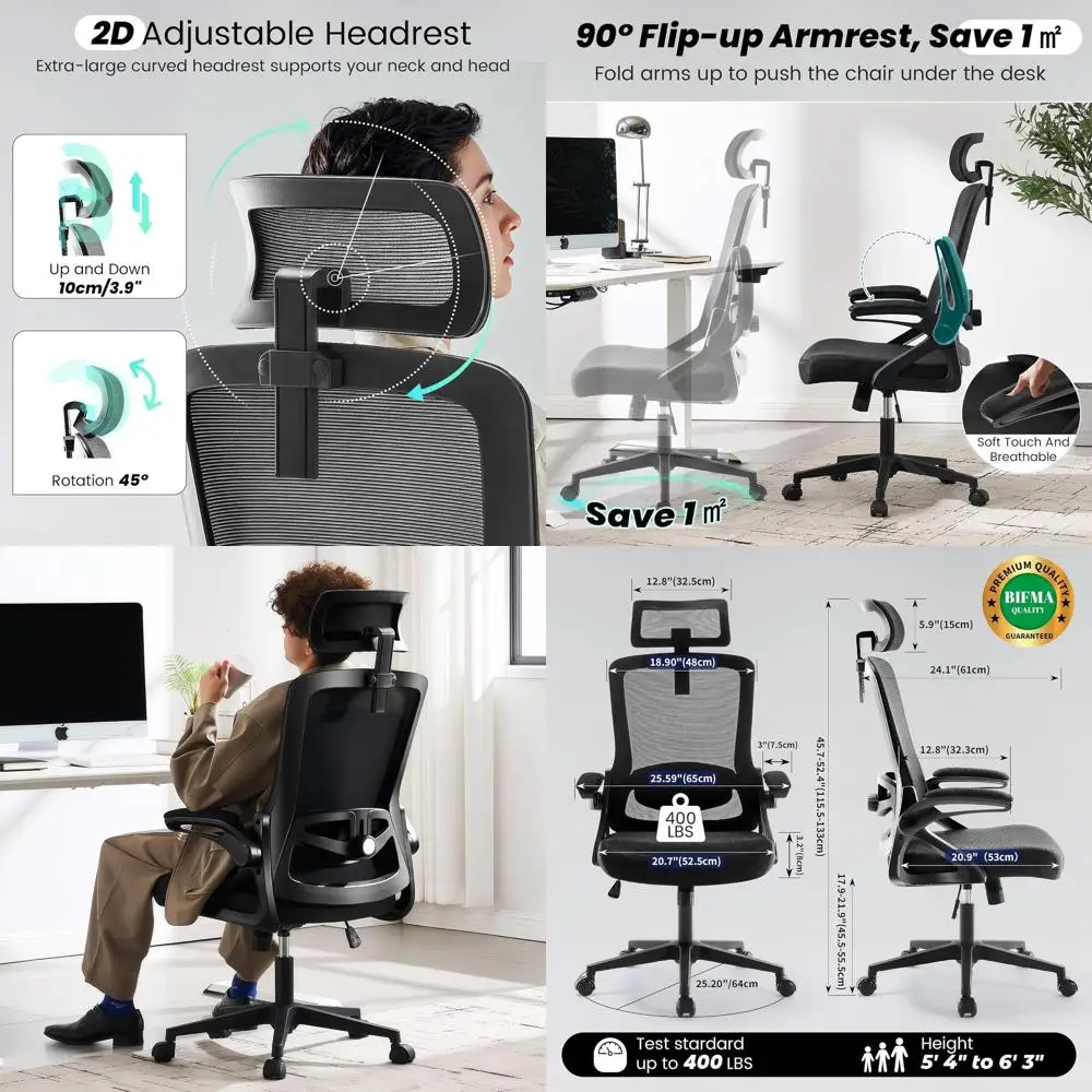 

Heavy Duty Ergonomic Chair - 400 lbs Capacity, Adjustable Lumbar Support, Mesh with Padded Seat for Home Office (Black)