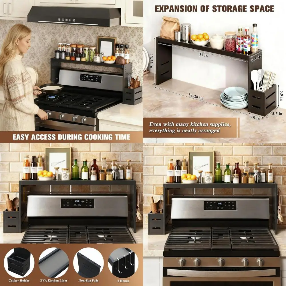 

Прочная бамбуковая полка для плиты 31, с нескользящим вкладышем, крючками, держателем для посуды и полкой для специй для стандартных плит — черный