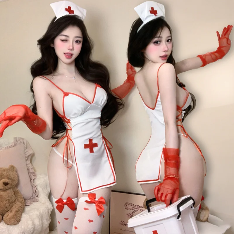 

Sexy Lingerie Heart-Shaped See-Through Nurse Costume Bare Back Uniform Sweetheart Temptation Role Play