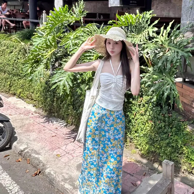 

Beach Vacation Blue Floral Drawstring Tube Top Women 2 Piece Long Skirt Swimsuit Set Summer Seaside Cover Up Swimwear