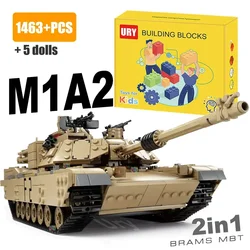 2in1 WW2 Military M1A2 Abrams MBT Tank Model Army Cannon Chariot Set Soldier Figures DIY Building Blocks Toys for Boys Kids Gift