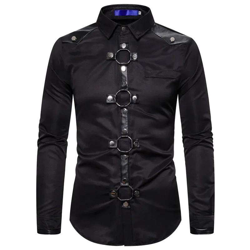 Fashion New Men's Punk Shirts Vintage Goth Style Rivet Long Sleeve Slim Shirts Party Singer Stage Costumes Male Streetwear Tops