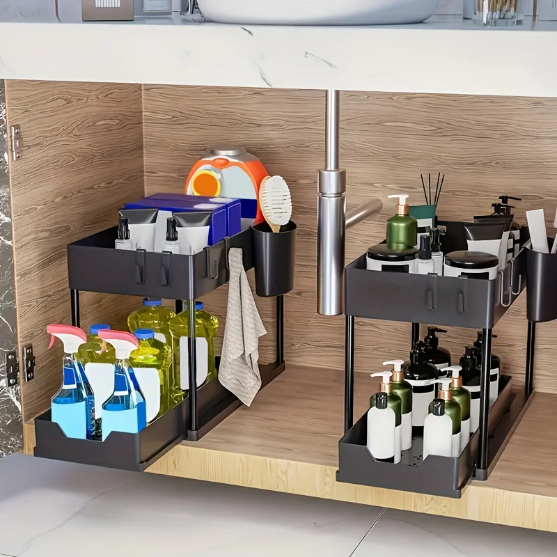 

Effortless Reach 2-Tier Sliding Under Sink Organizer - Space-Saving Cabinet Drawer Baskets with Handy Cup Holder - Perfect for K