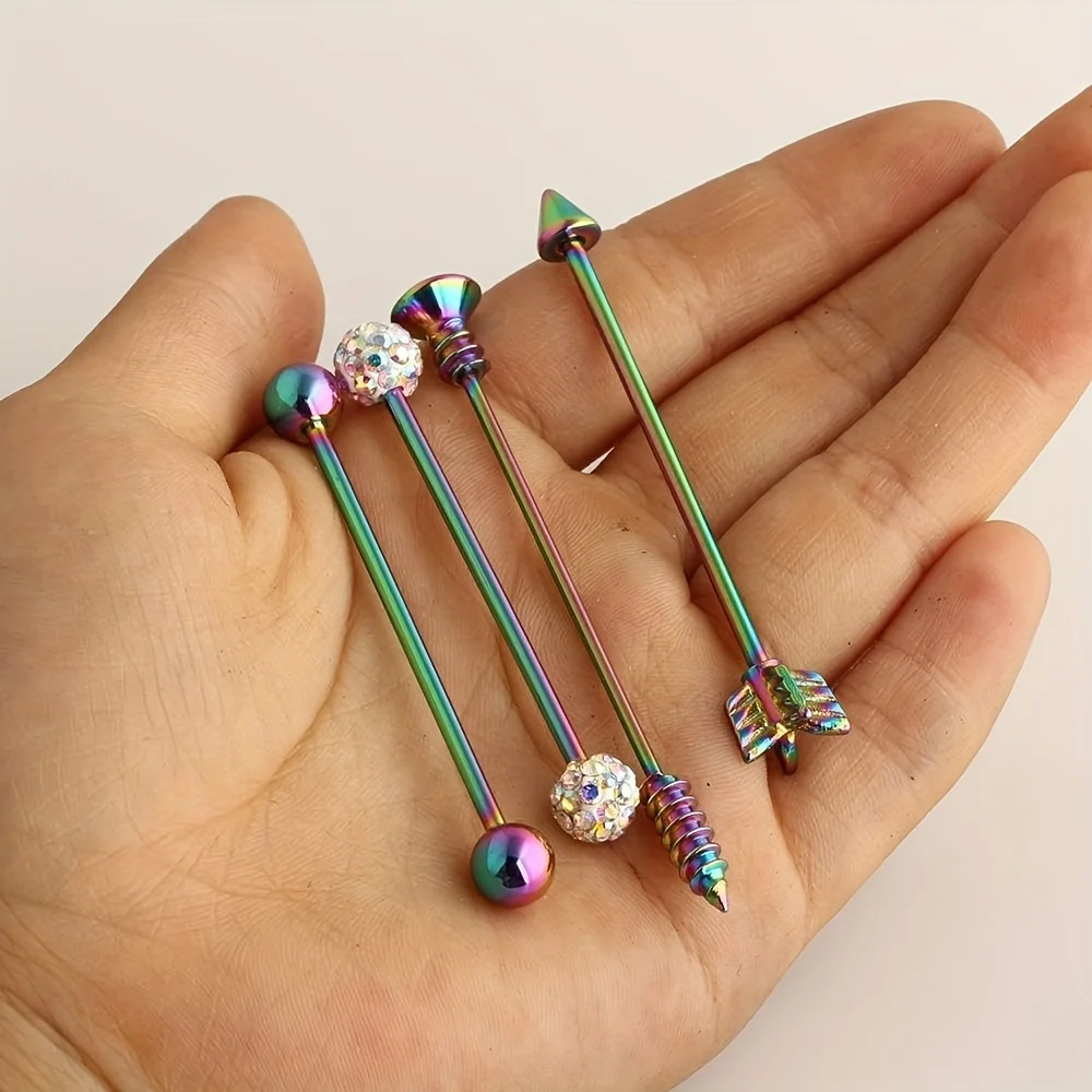 Stainless Steel Colorful Industrial Barbell Earrings, Arrow Screw Shape Straight Rod Pointed Ear Studs Body Piercing  Long Rod