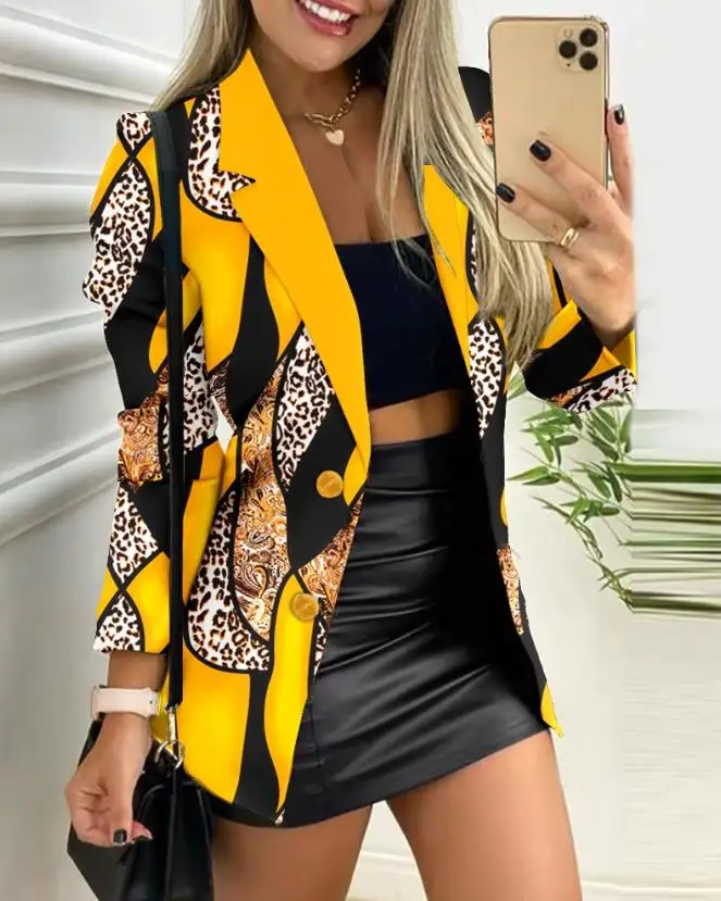 Elegant Blazer Women Long Sleeve Notched Collar Baroque Leopard Print Buttoned Work Jacket Coat 2023 Fashion Outwear Autumn Tops