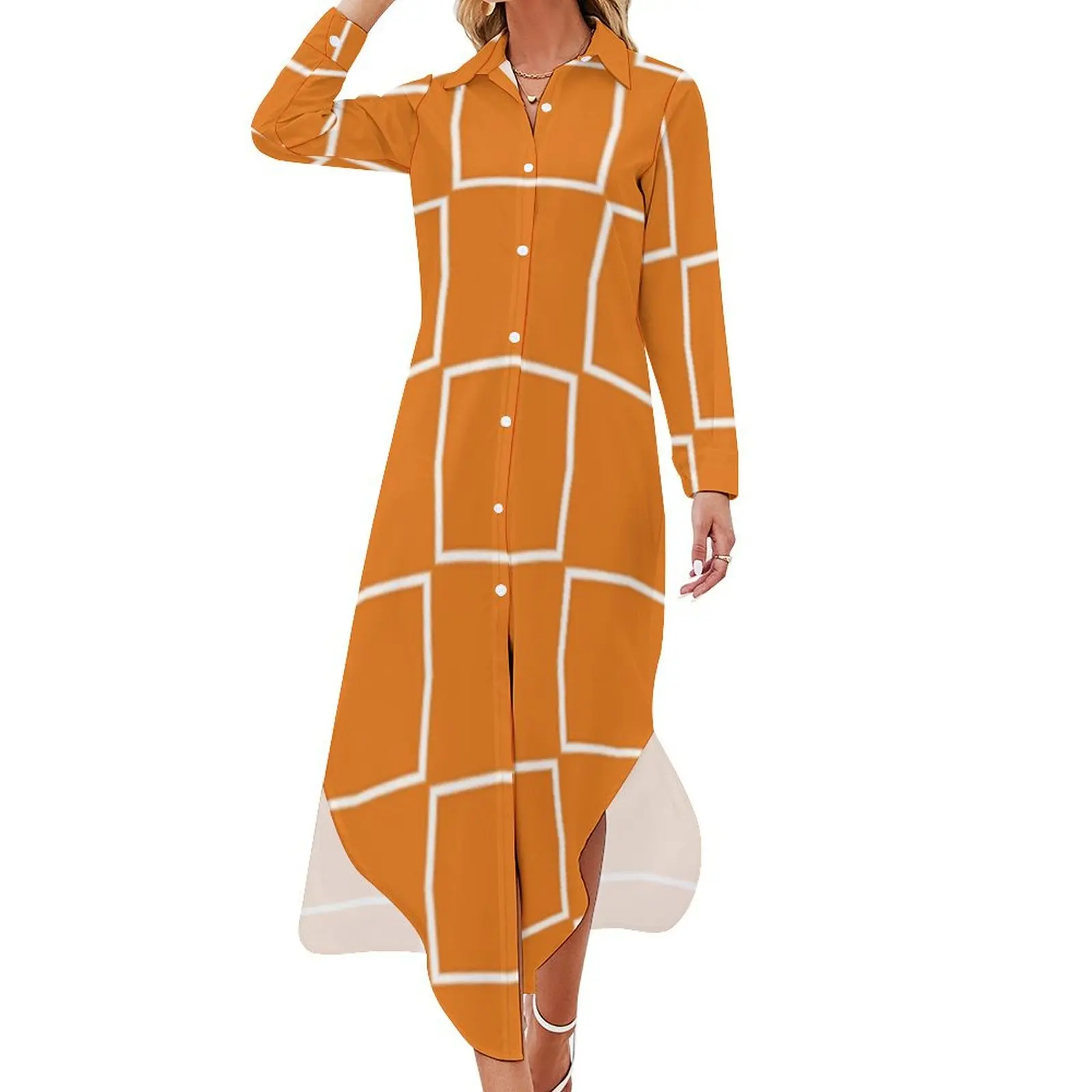 

Cute Orange and White Geometric Pattern Long Sleeved Shirt Dress dresses with long sleeves Beachwear