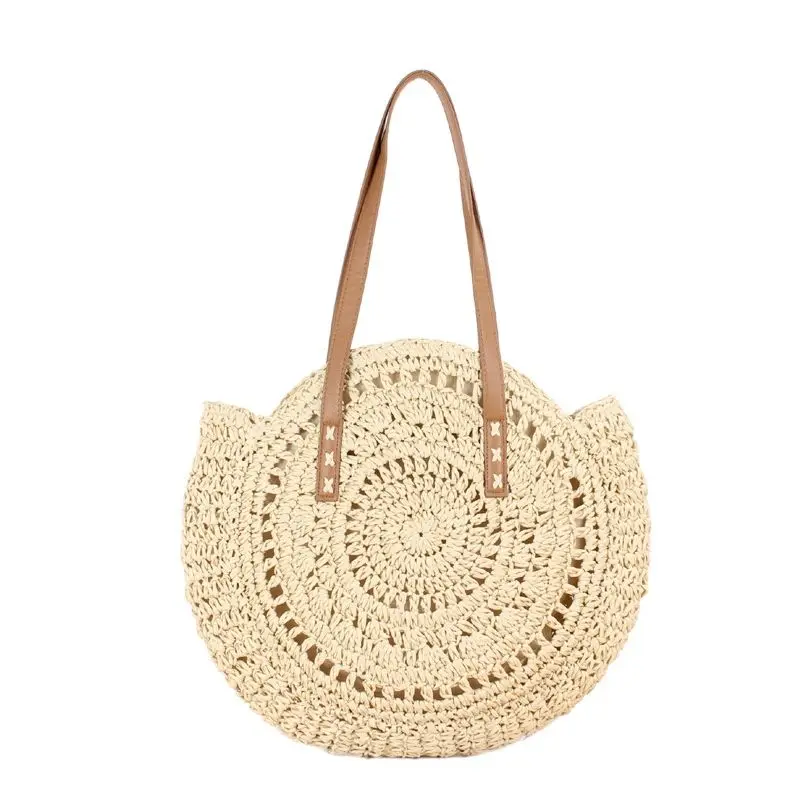 Sac de plage en raphia tissé à la main, sacoche ronde vintage en rotin, fourre-tout bohème décontracté pour vacances d\'été