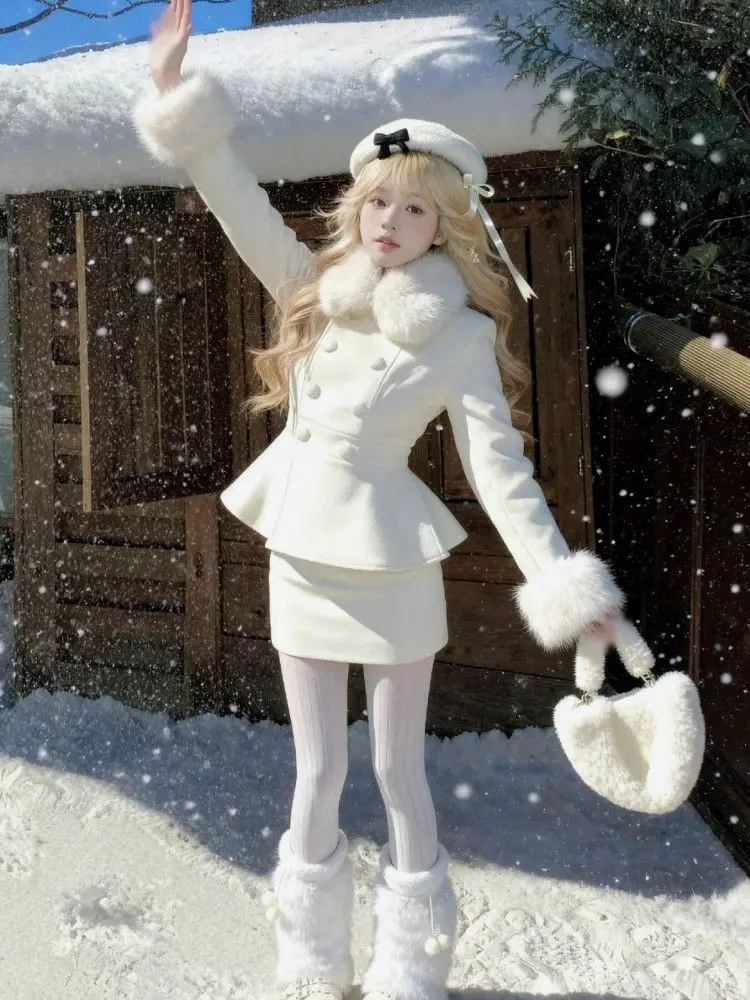 Winter Elegant France Style Two-Piece Set Double-Breasted Warm Wool Coat + Bodycon Mini Skirt Aesthetic Warm Vintage Suit 2025