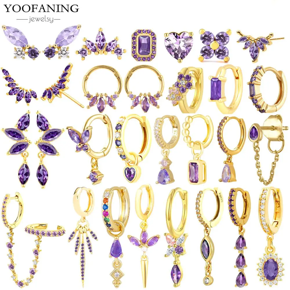 

High Quality 925 Sterling Silver Needle Star Purple Crystal Zircon Hoop Earrings Women Minimalist Stud Earrings Fashion Jewelry