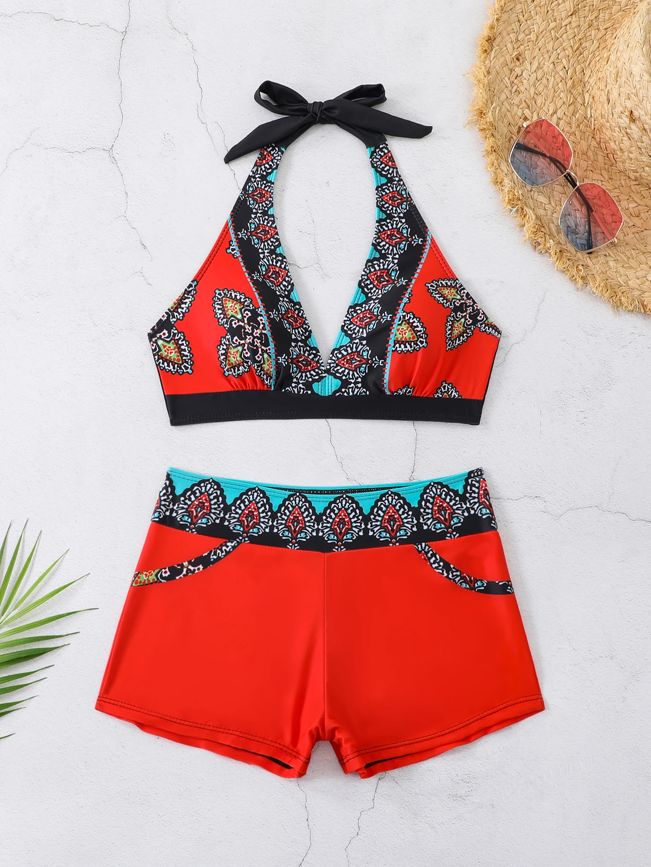 

Floral Print Patchwork Black 2 Piece Set Tankini, Round Neck High Waist Stretchy Swimsuits, Women's Summer Bikini Beachwear