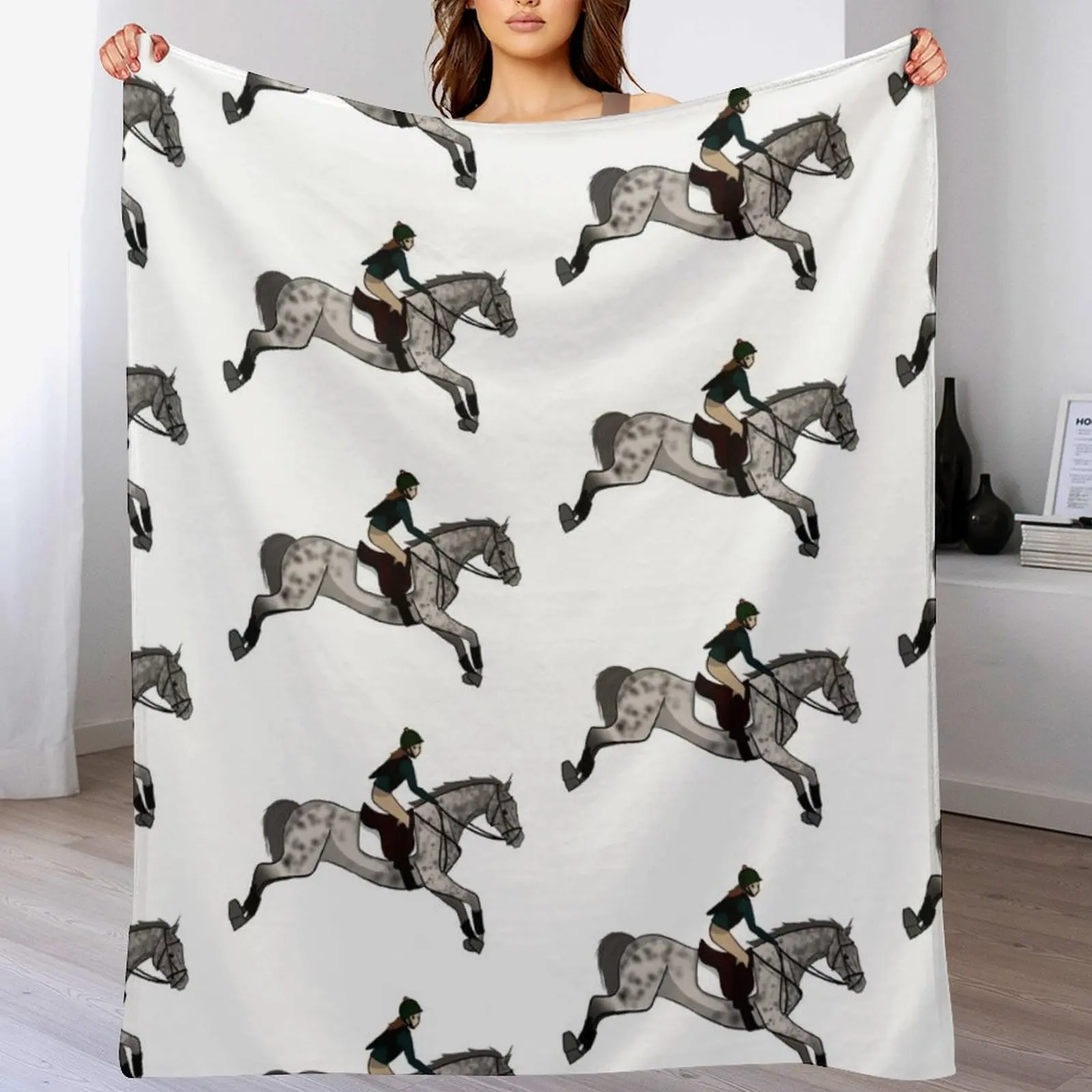Manta gris con diseño de caballo y jinete saltando, manta de regalo personalizada para sofá gigante Vintage para niños