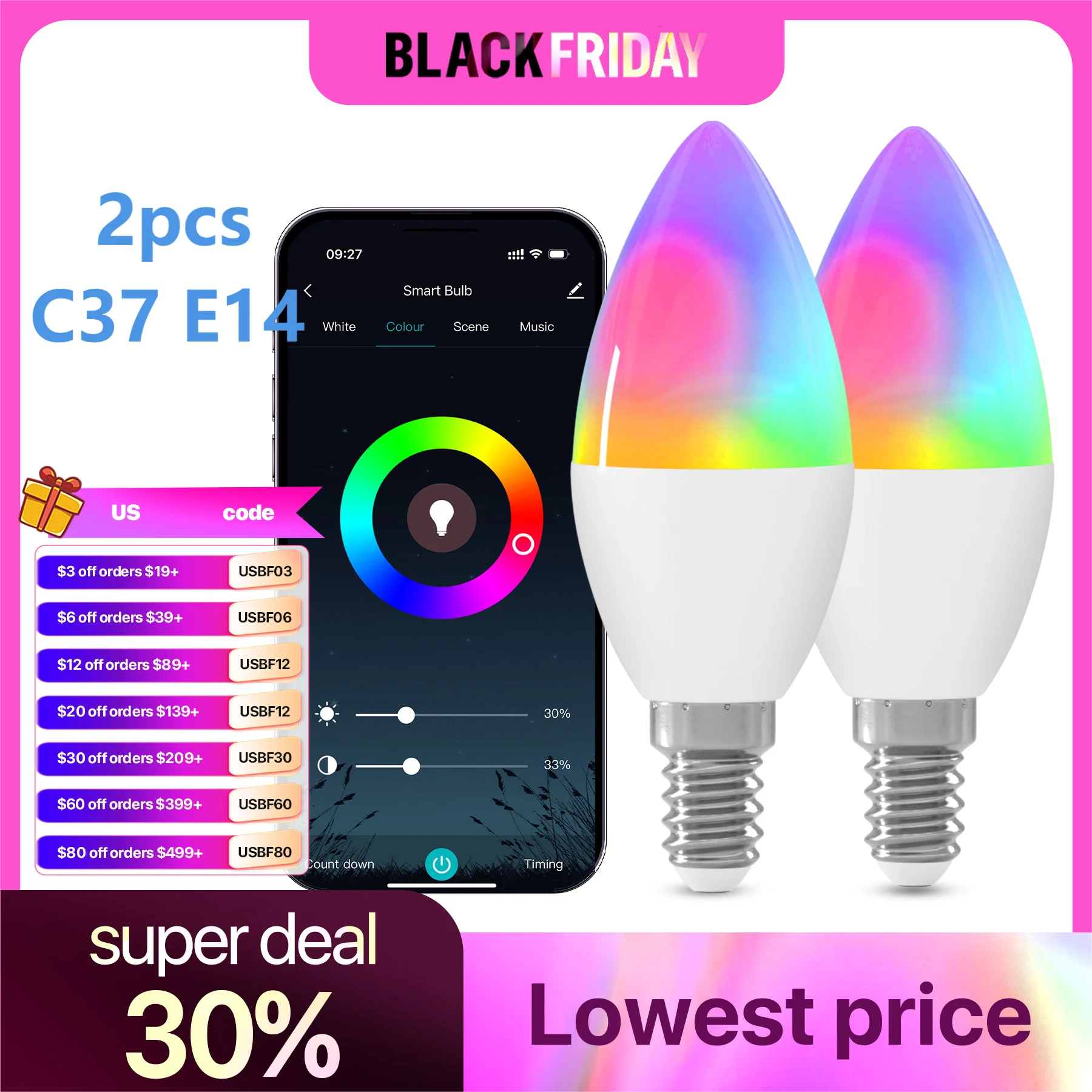 

Tuya Wifi E12 Candle Lamp App Control Smart Bulb Bluetooth RGB LED Light Dimmable Crystal Group Lamps Works With Alexa Google