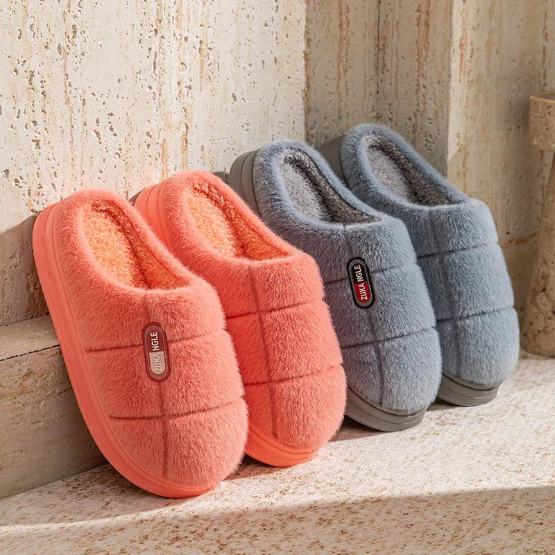 Winter Warm Slippers Women Men Grid Plush Fleece Lined House Shoes Soft Thick Platform Non-Slip Indoor Bedroom Floor Mule Sandal