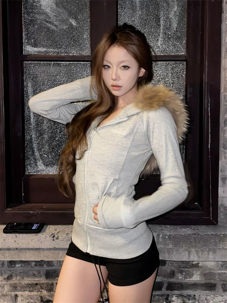 Y2k American Vintage s kapucí, dámská bunda s dlouhým rukávem a umělou kožešinou, ležérní zip, čistě barevný kabát, streetwear, podzim 2025 - náhled 4