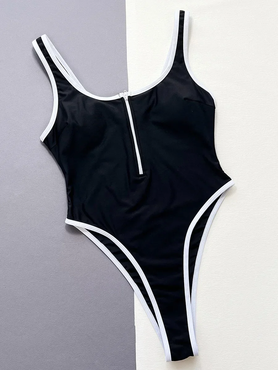 2026 Sexy High Cut Zipper Splicing Women Swimwear One Piece Swimsuit Female Monokini Black Contrast Bathing Suit Swim Beach Wear