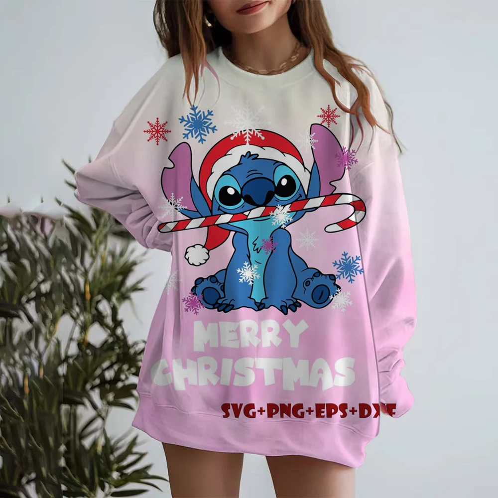 

2025 New Cartoon Disney Cute Lilo & Stitch Ladies Sweatshirt Crew Neck Loose Pullover Autumn Christmas Print Long Sleeve Top