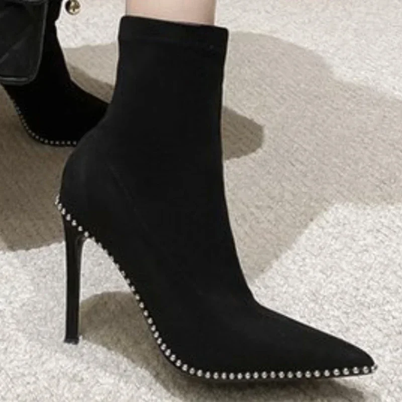 2024 Autumn Fashion Elegant Ladies High Heels New Satin Pointed Toe Short Boots Women Thin Heel Stretch Sock Boots Female Shoes